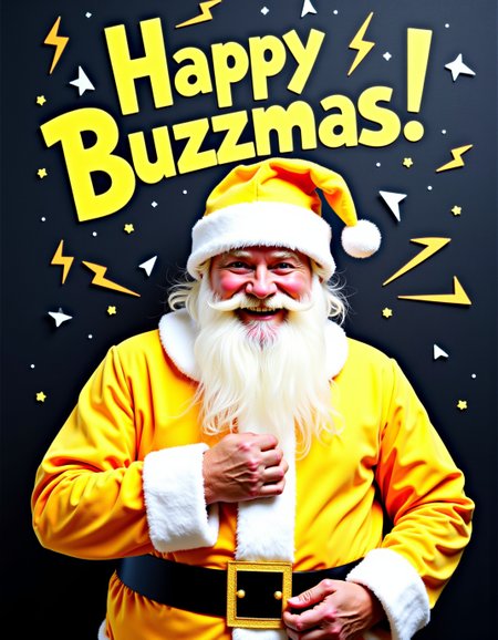 jolly old man wearing yellow santa costume painted in yellow , on top of image yellow lightning text "Happy Buzzmas!" adorned with lightning, <lora:flux\Textimprover-FLUX-V0.4.safetensors:1.0:1.0>