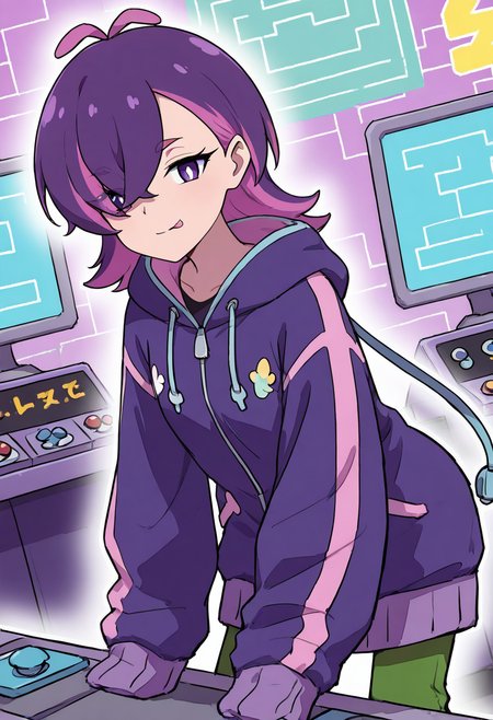 masterpiece, best quality, 1girl, solo, eyelashes, (beautiful eyes),   zzDot, purple eyes, multicolored medium hair, neon hoodie, oversized sleeves, green pants, arcade, joystick, retro games, glowing screens, smirk, closed mouth, leaning over machine, saturated lighting, colorful background, motion blur â Bathed in the glow of retro arcade machines, zzDot leans over a joystick, tongue slightly out as she smashes buttons with fierce focus. Her hoodie sleeves dangle past her fingers, and her hair catches the RGB hues bouncing off every screen. Purple eyes shimmer with competitive fire as she grins toward an unseen opponent. Reflections of pixelated explosions light her face. The energy is chaotic, fun, and pulsing with nostalgia, just like the games sheâs mastered.  <lora:DotTimeSkipPokemon_IXL:1.0>,