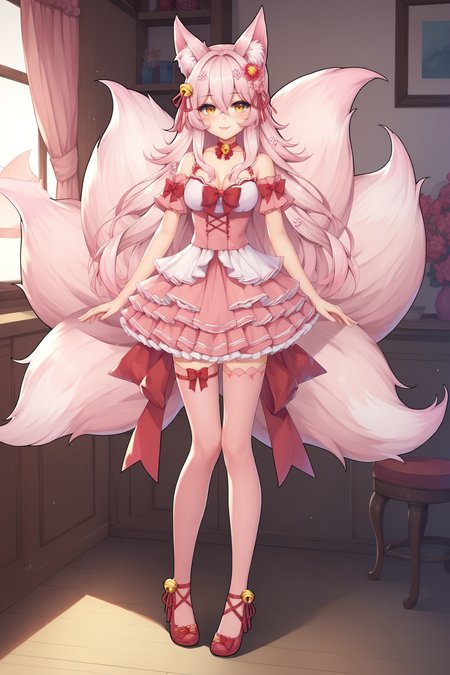score_9, score_8_up, score_7_up, score_6_up, score_5_up, score_4_up, KitsunnyStarVTXL, animal ears, animal ear fluff, yellow eyes, pink hair, long hair, sidelocks, hair between eyes, hair ornament, hair flower, hair bell, red choker bell, fox tail, multiple tails, medium breasts, bare shoulders, cleavage, pink dress, red ribbon, pink skirt, frills, pink thighighs, shoes, solo, standing, seductive smile, looking at viewer, indoors  <lora:KitsunnyStarVTXL:0.8>