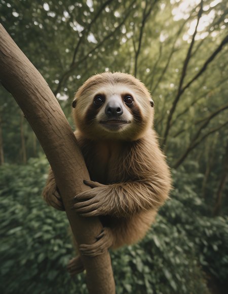 cinematic photo a smiling sloth hanging on a tree, 35mm photograph, film, bokeh, professional, highly detailed, 4k, uhd, masterpiece