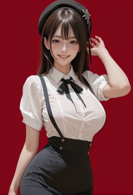 1girl,solo,red background,,ruanyi0902,beret,black ribbon,collared shirt,black pantyhose,high-waist skirt,white shirt,suspenders,
cowboy shot,<lora:0902 Home wear 5_v1_pony:1>, score_9, score_8_up, score_7_up, score_6_up, score_9, score_8_up, score_7_up, score_6_up source_anime, blush, 1girl, seduce smile, perfect body , natural huge breasts
