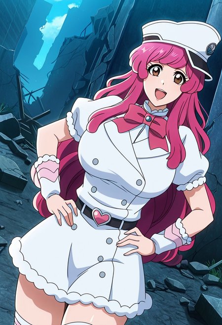 general,highres, ultra-detailed,very aesthetic,best quality ,best hands,best eyes,easynegative,
dynamic anglre, dutch angle, anime cloring,anime screencap,
1girl solo,looking at viewer,ruins, smile,open mouth, hands on hip,
Meninas McAllon,vivid pink hair, long_hair, wavy hair, brown eyes, huge_breasts,white shirt,skirt,hat,