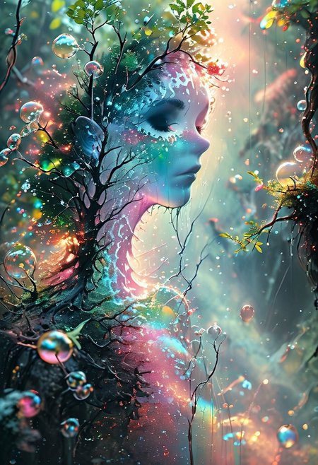 A whimsical tree made entirely of transparent soap bubbles, iridescent spheres forming the trunk, branches, and leaves. 
Sunlight filtering through the bubbles, creating rainbow reflections. Floating in a surreal, misty background. Hyper-detailed, digital art, fantasy concept art. 
Vibrant colors, magical atmosphere, ethereal glow. Bubbles of varying sizes, some bursting and releasing tiny sparkles. 
Dark fantasy fantastical scene, horrorful digital painting,colorful painting,beautiful gorgeous digital art,style of greg rutkowski,janek sedlar,jenny saville