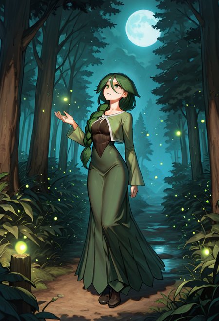 masterpiece, best quality, 1girl, solo, eyelashes, (beautiful eyes),      zzCheryl, green eyes, single braid, hair over shoulder, green jacket, long dress, forest, looking up, fireflies, moonlight, dreamlike â Standing in a quiet glade bathed in moonlight, Cheryl gazes upward as fireflies swirl around her like living stars. Her green eyes reflect the gentle glow, and her single braid rests neatly over her jacket. Her long dress flows around her feet as if part of the night itself. The forest hums with mystery, each breath of wind carrying ancient secrets.   ,<lora:CherylPokemon_IXL_v2:1.0>,
