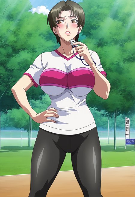 masterpiece, best quality, highres, absurdres, very awa, shadow, sidelighting, anime coloring,
Ikumi Sunohara,  standing, hand on own hips, holding whistle,
1girl, mature female, milf, solo, legs apart, feet out of frame, 
looking at viewer, blush, parted lips, thick lips,
short hair, brown eyes, earrings, shiny, lips,
two-tone shirt, t-shirt, yoga pants,
large breasts, thighs,
outdoors, outdoors, field, school, soccer field, tree, path, sign
 <lora:Ikumi Sunohara 3216 NoobAIXL V-pred:1>