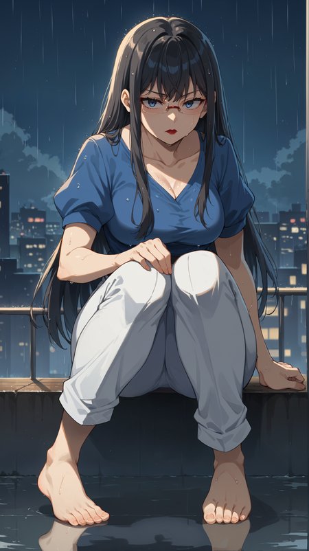 score_9,score_8_up,score_7_up,score_6_up, <lora:xl_more_art-full_v1:0.5>, source_anime, woman, dynamic pose, knees apart feet together,  <lora:Touko Kanbayashi - Pony-000004:0.8>, glasses, long hair, black hair, dark blue eyes, blue shirt, short sleeves, white pants, red lipstick, tired eyes, tokyo, modern city, skyscrapers, reflection, raining, night city, wet hair, night time, solo,