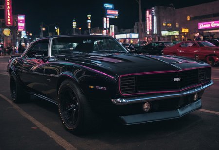 black camaro, cyberpunk city, night time, neon lights