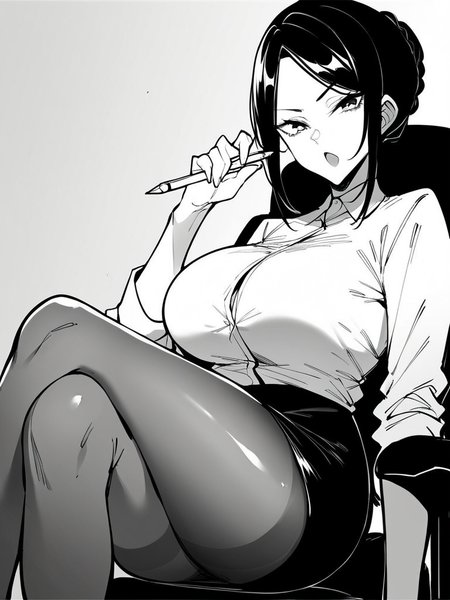 score_9, score_8_up, score_7_up,  
1girl, monochrome, senpai fn, black hair, hair bun, parted bangs,
large breasts,
white background, sitting, office chair, open mouth, looking at viewer,

white shirt, black skirt, pencil skirt, crossed legs, pantyhose,
