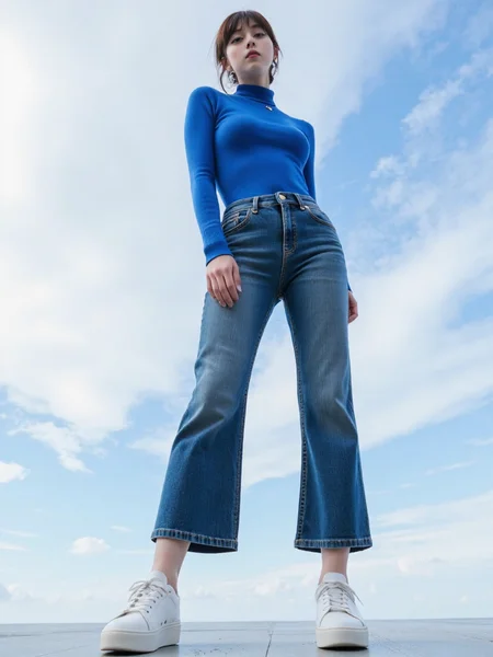 There are wonderful studio lights and various reflections,
18yo beautiful cute girl with blushing and female orgasm.skin naturally showing the texture of blood vessels and detailed pale skin,
--,
<lora:Nakajo_Ayami_f1:1>,she is Nakajo Ayami,
(Cashmere_turtleneck:1.4),(Cropped_flare_jeans:1.3),(White_sneakers:1.2), a low-angle,fashion-forward image of a asian korean supermodel,The dramatic upward perspective against a sky with soft clouds creates a sense of power and poise,emphasizing the bold and confident stance of the model. The vibrant blue of the supermodel contrasts beautifully with the sky,making the outfit the centerpiece of the scene.,,#å¤©ç©ºä½è§åº¦