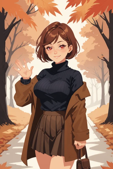 1girl, breasts, sweater, solo, skirt, smile, red eyes, turtleneck, looking at viewer, large breasts, autumn leaves, short hair, autumn, turtleneck sweater, brown skirt, outdoors, black sweater, long sleeves, open clothes, jacket, closed mouth, leaf, off shoulder, bob cut, red hair, waving, ribbed sweater, pleated skirt, tree, coat, swept bangs, hand up, brown hair, brown coat, brown jacket, maple leaf, zPDXL3,  PnyCmicXLPOS, detailxl,  (lineless, vector art:1.5)