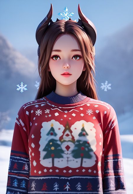 score_9, score_8_up, score_7_up, score_6_up, score_5_up, score_4_up, masterpiece, ultra-detailed, high resolution,
christmas_sweater,chuxue, Demon，
1girl, portrait, pink short-sleeved sweater with cute patterns, blue scarf, brown hair, slightly parted lips, looking charming, in a warm and cozy atmosphere, with delicate snowflakes gently falling around, six-pointed and crystal-clear snowflakes adding a touch of beauty, a cute and innocent demon girl, demon horns, beautiful and pure.