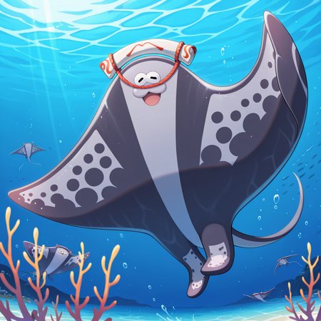 masterpiece, best quality, newest, absurdres, highres, safe, <lora:Big_Man_Splatoon_-_IL:0.80> big man, manta ray, dark grey and light grey body, fins, headwear, cute face, :3, swimming in the ocean, swimming, underwater background, looking at viewer, detailed background,  (((shaded))), ((detailed)), ((vibrant)), <lora:NOOB_EPSv1_1_detailer_by_vlnvk_v1_0:1>