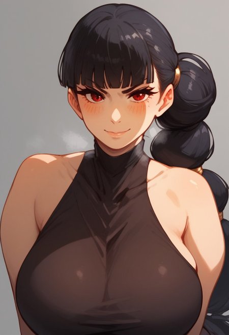 score_9_up, score_8_up, score_7_up, score_6_up, score_5_up, score_4, source_anime, 1girl, 
red eyes, black hair, black bracelet, blunt bangs, gold hair rings, multi-tied hair, 1 side slit, black dress, 
alone, solo, huge breasts, gigantic round ass, perfect ass, thick thighs, cinematic lighting, 
 blushing skin, dynamic angle, unique angle, skin tight, looking at viewer, beach
 smirk, heavy breathing, steaming_body,   (upper body), (front view:1.5), face view, close up, face