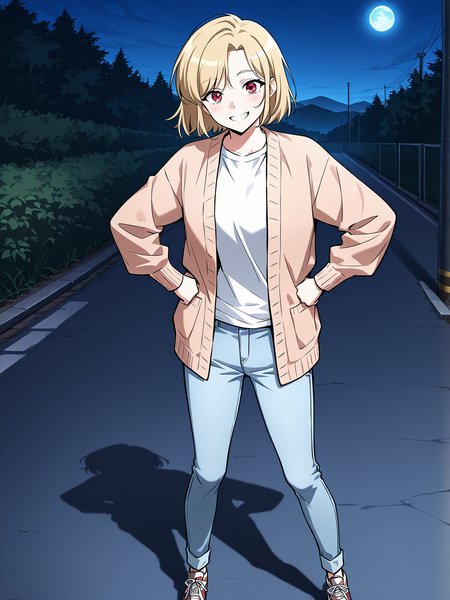 <lora:Omniscient_Readers_Viewpoint__Shin_Yoosung:1>
1girl, solo, short hair, blonde hair, soft expression, light skin, red eyes, 
light brown cardigan, white t-shirt, light blue jeans, casual sneakers, casual outfit, long sleeves, rolled cuffs,
score_9, score_8_up, score_7_up, very aesthetic, source_anime, detailed, high quality, beautiful, masterpiece, very aesthetic, high definition, amazing quality, highres, absurdres, outdoors, looking at viewer, smile, grin, hands on hips, night, blue moon
