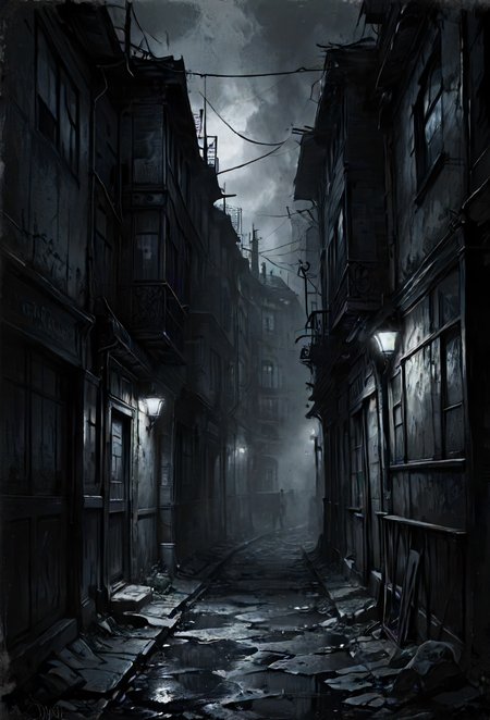 in a black end rue, there was a light quite dim,  <lora:SDXL - Style - Desolation:0.4> <lora:SDXL - Style - Dark_Anime:0.4>