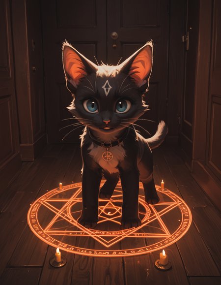 score_9, score_8_up, score_7_up, score_6_up, A cute black kitten standing in a summoning circle,  summon, magic circle <lora:Summoned_r1:1>