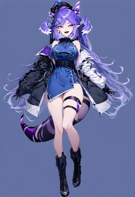 masterpiece, best quality, ultra-detailed, beautiful, nai3, 1girl, solo, full_body, tachi-e, 
selen tatsuki, boots, dress, tail, dragon tail, hat, blue dress, official alternate costume, dragon girl, sleeveless, ponytail, belt, smile, gloves, long hair, breasts, open mouth, very long hair, thigh strap, simple background, hair ornament, jacket, bangs, hairclip, fang, wings, black footwear, looking at viewer, black belt, pointy ears,