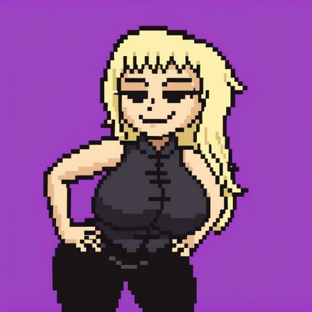 <lora:lisathepointless-v5.4_:1> by lisathepointless, solo, purple background, simple background, 1girl, huge breasts, dire, direpony, long hair, blonde hair, black eyes, wide hips, smug expression, hands on hips,black vest,black pants
