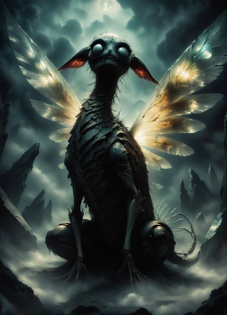 DonMGl00myN1gh7m4r3XL,score_9, score_8_up, score_7_up, score_6_up, huge elongated woven otherworldly symmetrical individual, multipedal bimanual, padded appendages,  forked-tailed, feathers,  floppy ears,  crystal wings, , ,  creepy, gloomy, rating_safe <lora:DonMGl00myN1gh7m4r3XL:0.65>