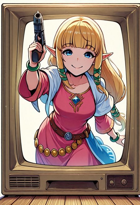 masterpiece,best quality, 2D, 1girl, solo, zeldssn11, blonde hair, hair tubes, hair ribbon, low-tied long hair, blunt bangs, blue eyes, pointy ears, brown belt, pink dress, green bracelets, white capelet, blue waist cape, medallions, scr33n, screen, emerging, emerging from television screen, big smile, holding gun