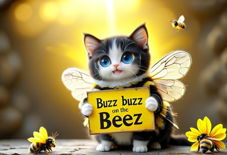 photorealistic, aidmaImageUpgrader,
a cute kitten with black fur, kitten is wearing a bee costume with bee wings,(((bees holding a sign that says "Buzz Buzz"))), sign thay says "Buzz Buzz", smile, yellow lightning, blue lightning 
1cat
highly detailed, aesthetic, great lighting, extremely detailed, award winning, perfect composition, a rich and complex image of nature, a vibrant tissue of hues and textures captured digitally, best quality, realistic, captivating, intricately detailed, hyper detailed, maximalist style, photorealist, sharp focus, dynamic lighting, superb composition, finest details, highest aesthetics, best quality, sharp focus, high contrast, stylized, clear, colorful, ultra quality, 8k, best quality, masterpiece,midjourneyv6.1
AP, no humans, animal focus, cat ,looking at viewer, animal,