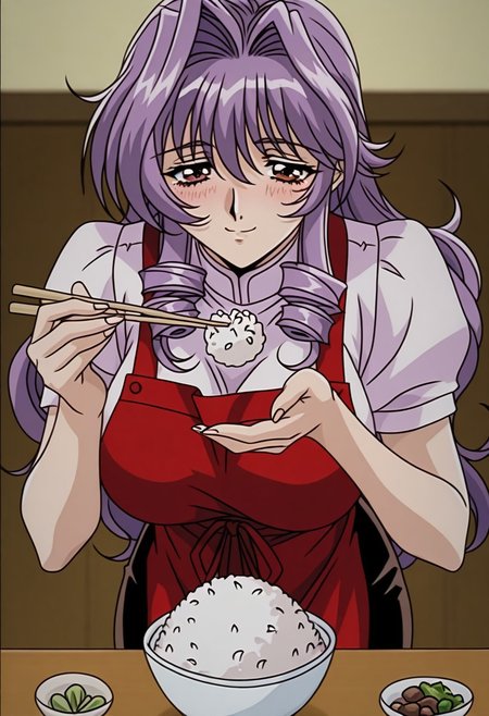 masterpiece, best quality, newest, highres, uncensored, 1girl, yokota mamoru style,1girl, slender face，motion lines,blush
Sasazuka Kyou OVA,gray hair, Ringlet, Wavy hair,Brown eyes,Big Breasts, Slim，
1girl, 1boy, chopsticks, apron, skirt, food, smile, brown eyes, blue hair, rice, bowl, purple hair, pencil skirt,the girl is making food while the boy is eating,happy ending,family