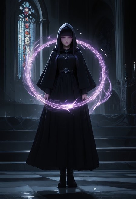 score_9, score_8_up, score_7_up, score_6_up, k9r0, Darmagmb, very aesthetic, detailed face, full body, BREAK 1girl, 25 years old, dark aura, casting spell, magical, purple spell, purple magic, Spell rings, purple aura, dark aura, purple magic circles, cute face, purple eyes, skinny body, black hair, blunt bangs, hime cut, black dress, long dress, long sleeves, hood, cloak, boots BREAK indoors, old castle, hall with artifacts, old books,