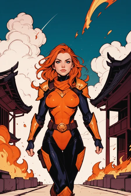 1girl, solo, fire, bodysuit, orange hair, fiery hair, looking at viewer, long hair, armor, floating hair, breasts, architecture, belt, east asian architecture, building, lips, walking, watermark, outdoors, artist name, a_Comic_Illustration, rough lines with ink, (drawn:1.1), (sketch:1.5), (crosshatching:1.25), (comic style:1.1), graphic novel style, sharp lines, hires, zstyle, (western comics \(style\):1.1), (hatching \(texture\):1.2), zPDXL, Mr_Monster_Possitive, <lora:Expressive_H:0.5>, score_9, score_8_up, score_8_up,