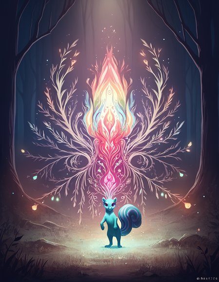score_9, score_8_up, score_7_up, detailed BREAK abstract, squirrel, full body, solo, rainbow falls, rainbow lights, rainbow colors, magical forest,vibrant, bright colors, high contrast, spirit flame, masterpiece,bright colors,high contrast,vivid lighting, overgrown, <lora:PonySpiritAnimals:0.5>