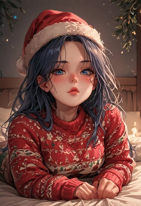 score_9, score_8_up, score_7_up, detailed, christmas_sweater, starry sky, cute girl, blushing, (freckles:1.2), dark blue hair, long hair, blue eyes, santa cap, sexy tight christmas sweater crop top, stylish lighting, prone pose on a bed, (low waist green  leggings:1.2), large breasts, hotglossed pink lips, shirt over head, undressing