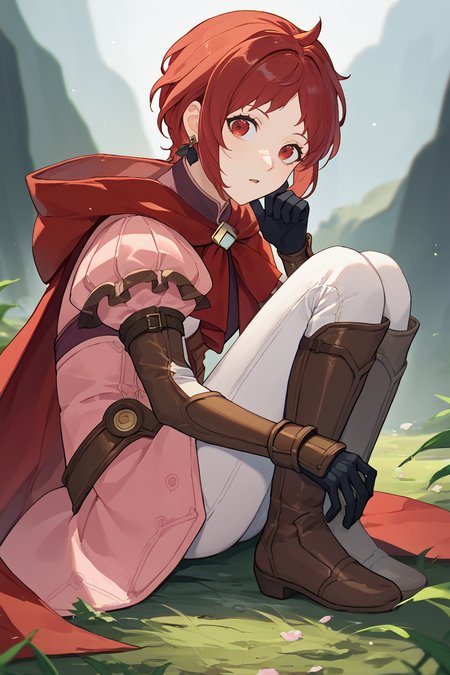 score_9, score_8_up, score_7_up, score_6_up, source_anime BREAK 1girl, solo, <lora:femonica-pdxl-nvwls-v1-000005:1> hopesMonica, red hair, red eyes, short hair, earrings, red cape, pink dress, puffy sleeves, bracers, black gloves, white pants, brown boots, sitting on the ground, from side, knees up, looking at you, chestnut mouth