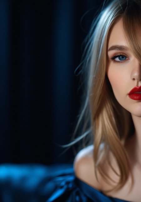 photographby david bellemere, portriat, closeup, face focus, 1girl, <lora:RSWMN-IL-03:0.8> dark blonde hair, long hair, curled bang, hair over eye, blue eyes, red lips, slender, bare shoulder, dark blue dress,silk fabric, night, stylish, waiting, hand to lips, DOF, dark background, fashion photography, bokeh  <lora:lighting Slider_alpha1.0_rank4_noxattn_last:-1.4>