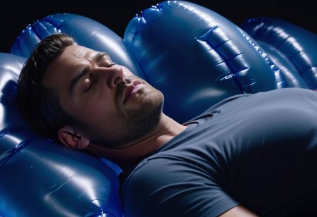 uhd, 8k, ultra detailed, 1man, lying down to sleep, InflatableAirbag, darker, lights off