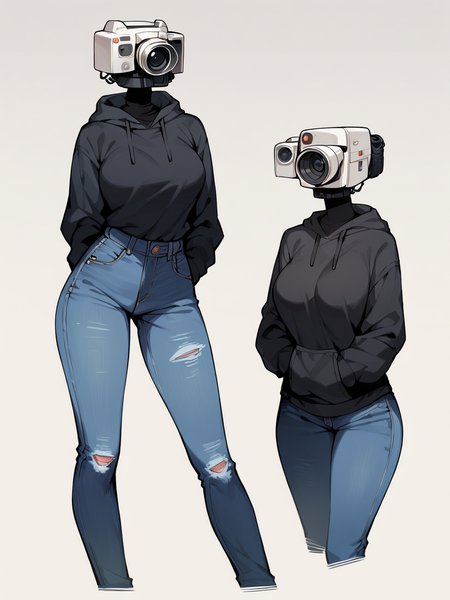 score_9, score_8_up, score_7_up, score_6_up, score_5_up, female_focus,  <lora:Insert_Head_Here:1> object_head, h3ad, camera, large breasts, curvy, black hoodie, jeans, no head