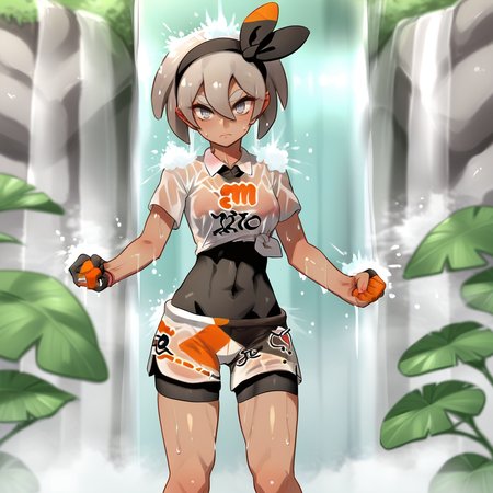 score_9, score_8_up, score_7_up, score_6_up, score_5_up, score_4_up, zPDXL2,source_anime,rating_questionable,solo, <lora:Underneath_Waterfall:0.8> W4terf4ll, waterfall, shower, standing, clenching fists, bea (pokemon), barefoot, bodysuit under clothes, looking at viewer, wet shirt, dark skin, closed mouth,  bangs, print shirt, grey hair, black hairband, short sleeves, tied shirt, hair between eyes, grey eyes, black bodysuit, short hair,  dark-skinned female,print shorts, wet clothes, 1girl, covered navel