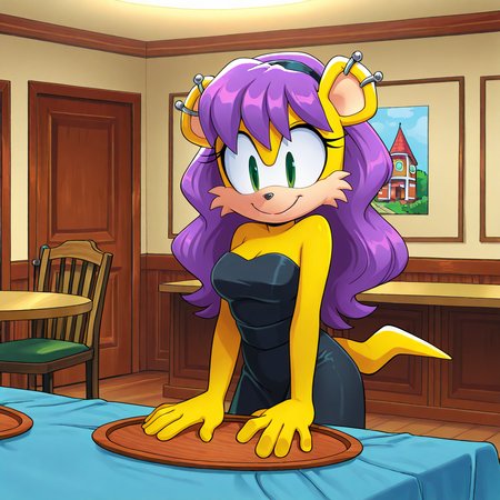 (masterpiece), (best quality), (ultra-detailed), amazing quality, very aesthetic, illustration, perfect composition, intricate details, absurdres, incredibly absurdres,  <lora:minamongooseillustrious:1>,  mina mongoose, indoors, yellow fur, purple hair, furry female, green eyes, 1girl, solo, earrings, wearing black dress, strapless, indoors, detailed background, smile, posing, party, chairs, tables,