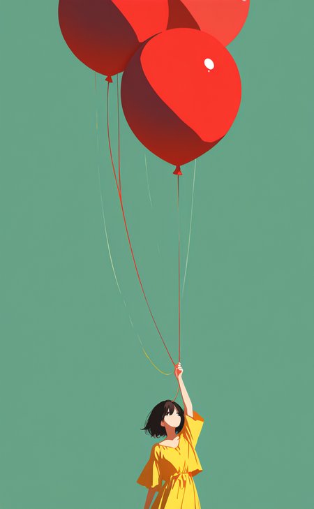 masterpiece, incredibly absurdres, minimalism, painterly, interesting, very good composition,
1 girl, 1 red balloon, yellow blouse, green background.

A girl wearing a yellow blouse holding a red balloon attached to a string.