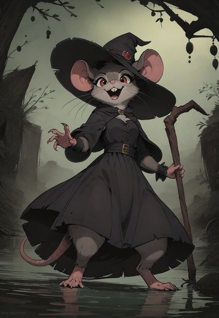 score_9, score_8_up, score_8, (solo), (solo:2), (fluffy:0.8), (feral), furry, (((mouse))), female, vivid red eyes, grey fur, black ears, claws, (fluffy cheeks:0.4), (black dress, witch hat), cute, in the style of beatrix potter, flat color, backlit, (low angle view:1.5), outdoors, look at viewer, evil expression, (open mouth, talking), dynamic pose, (hold magical staff), swamp,