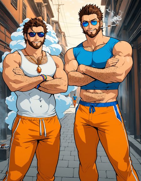 Pride Comics Style, looking at viewer, smile, short hair, brown hair, shirt, black hair, navel, jewelry, white shirt, male focus, multiple boys, shorts, midriff, pants, 2boys, muscular, facial hair, piercing, crossed arms, sunglasses, blue shirt, muscular male, bara, smoke, cigarette, sideburns, smoking, chest hair, leg hair, arm hair, orange shorts, orange pants, traditional media, cinematic angle, cinematic lighting, foreshortening, depth of field, detailed background, masterpiece, best quality , official art , <lora:PrideComicsSDXLTEST:0.8>