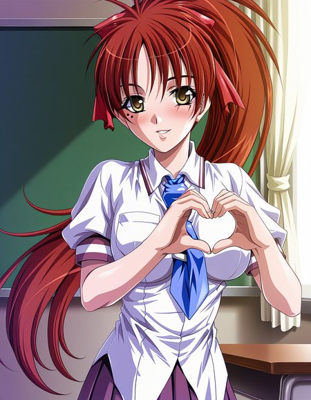 masterpiece, best quality, amazing quality, very aesthetic, absurdres, official art, ultra detailed,
1girl, koume_kaede, red hair, long hair, ponytail, hair ribbon, yellow eyes, mole under eye BREAK
school uniform, necktie, skirt, pleated skirt, untucked shirt, 
blush, smile, parted lips, looking at viewer, 
standing, heart hands, 
in classroom, upper body, deep contrast of light and dark, sharp focus, depth of field, highly detailed
<lora:koume kaede v1.00-000019:1>