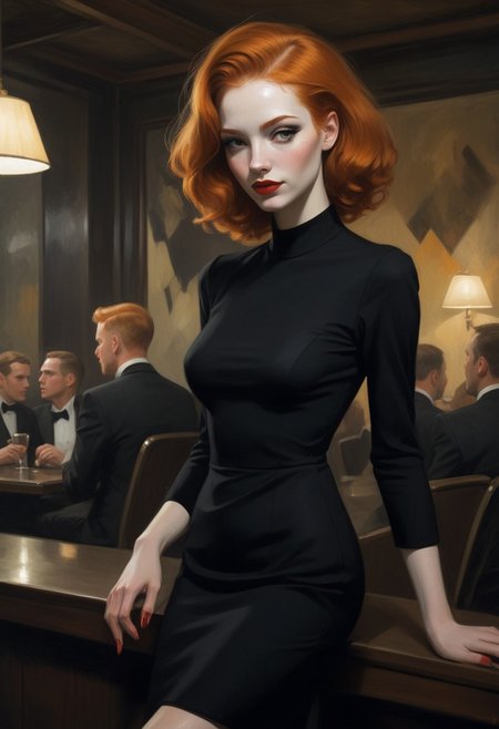 dystopian dark ambient, one woman, high class escort in a mens club , action pose, extra long ginger, heavy makeup, short black dress, captivating, cute smile, minimalist, sunken cheeks,  slender frame:1.6, small breasts:1.2, detailed, painterly , style of malcolm liepke
