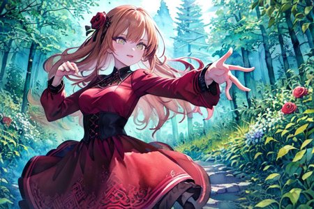 (masterpiece:1.4), 4K8K, (anime style, watercolor painting), (high shutterspeed:1.1), (sharp edges), 
flower rose, 1woman prey with hands togather, neeling, leaning foward, (solo), 
wearing Celtic style dress, (Detailed face, Detailed eyes), 
(chestnut-colour:1.4), in the forest at night,