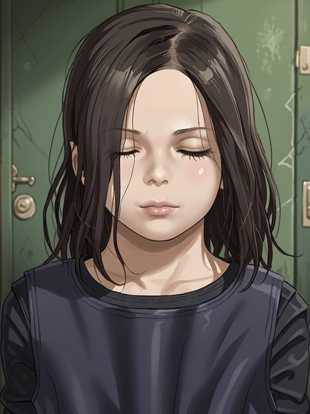 realistic, 1girl, source_anime, score_9, <lora:zPDXL3:0.8> <lora:Pony_DetailV2.0:0.85> asymmetrical
darkness, nighttime, <lora:Based Eveline:1> sevenline, 
closed eyes, kissy face, lips puckered