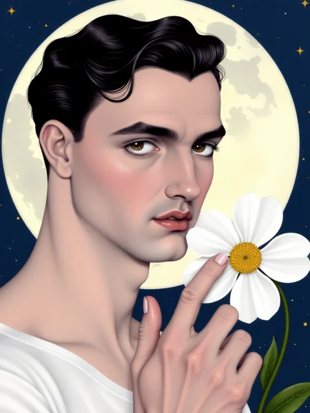 ODOM_art <lora:flux-lora-000006:1>A serene portrait of a young man softly touching a white flower with his fingertips, conveying a sense of intimacy and contemplation. The background features a luminous full moon, enhancing the mystical ambiance. The lighting is soft and diffuse, casting gentle shadows that highlight the contours of the man's face. The style reflects a blend of surrealism and art deco influences, characterized by smooth lines and a pastel color palette. The composition centers the figure dramatically, creating depth through layered elements. The mood is introspective and tender, inviting viewers to explore themes of connection and beauty.