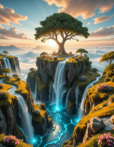 A mesmerizing celestial background featuring an otherworldly paradise. Towering crystalline mountains with peaks that glow softly under a sky painted in shifting hues of iridescent blues, pinks, and golds. Rivers of liquid light flow through vast, open meadows filled with luminescent flowers that pulse with a gentle glow. Gigantic, translucent trees with silver leaves sway in a breeze that carries floating particles of golden dust. Suspended bridges made of shimmering energy connect ancient, floating monoliths engraved with intricate celestial patterns. In the distance, an enormous radiant waterfall cascades into a bottomless, mist-covered abyss, reflecting the surrounding ethereal glow. A tranquil atmosphere, untouched and divine, filled with an overwhelming sense of wonder and serenity.
<lora:SDXLFaeTastic2400:0.4> <lora:extremely_detailed:0.4> extremely detailed,heavenly l4ndsc4p3, <lora:heavenly_l4ndsc4p3-i:1>, Masterpiece,best quality,hi res,8k,hi res,8k,award winning,(sharp focus, intricate, highly detailed),