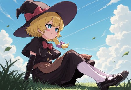 best quality, hires, extremely detailed, thick outlines,
beautiful eyes,

1girl, solo, (meguru (cookie):1.2), full body,
black hat, witch hat, (hat bow, red bow), BREAK
blonde hair, short hair, side braid, (hair bow, purple bow),
blue eyes, bright pupils, thick eyebrows,
blush stickers,
red bowtie,
black capelet, 
buttons,
black skirt, black vest,
brown waist apron, 
black elbow gloves,
white pantyhose,
black shoes, mary janes, 
skirt set,

smile, looking up, looking afar, sitting, from below, from side, floating hair,
outdoors, falling leaves, on grass, blue sky, cloud,