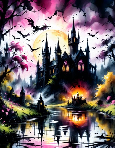 xslx, ink, saturated gothic nature in a romantic atmosphere at sundawn,