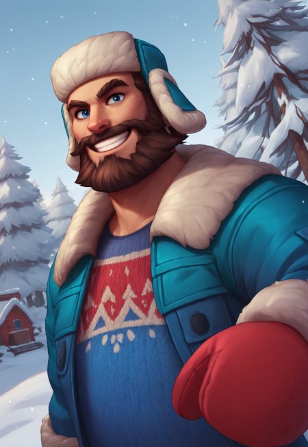 score_9, score_8_up, SnowDayGraves, blue eyes, brown hair, facial hair, beard, fur-trimmed jacket, trapper hat, sweater, detailed background, dynamic pose, looking at viewer, smile, cabin, snow, trees, blue sky, dutch angle, upper body,  throwing a snowball, pants, cowboy shot, red mittens, muscular,