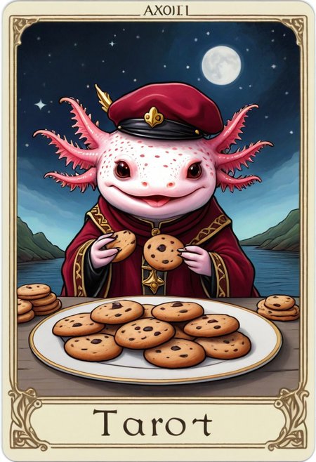 Tarot Card Style, axolotl eating a large amount of cookies,  axomodel2,  tarot card border,  <lora:Axomodelv2.1:0.8> <lora:DUSK_XL_TAROTCARD_dadapt_cos_5e4:1>   EyeDetail-SDXL