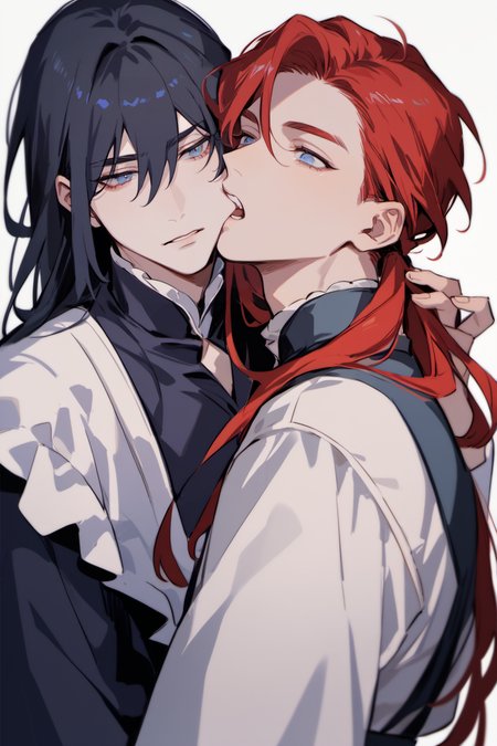 score_9, score_8_up, score_7_up,  upper body, cheek_bite,  2boys,
long hair, red hair, black hair, blue eyes, maid dress
 <lora:CheekBite_Pony2:1>